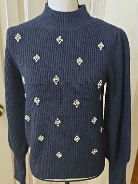 LIZ CLAIBORNE BRAND WOMEN'S NAVY BLUE PULLOVER SWEATER EMBELLISHED SIZE XS